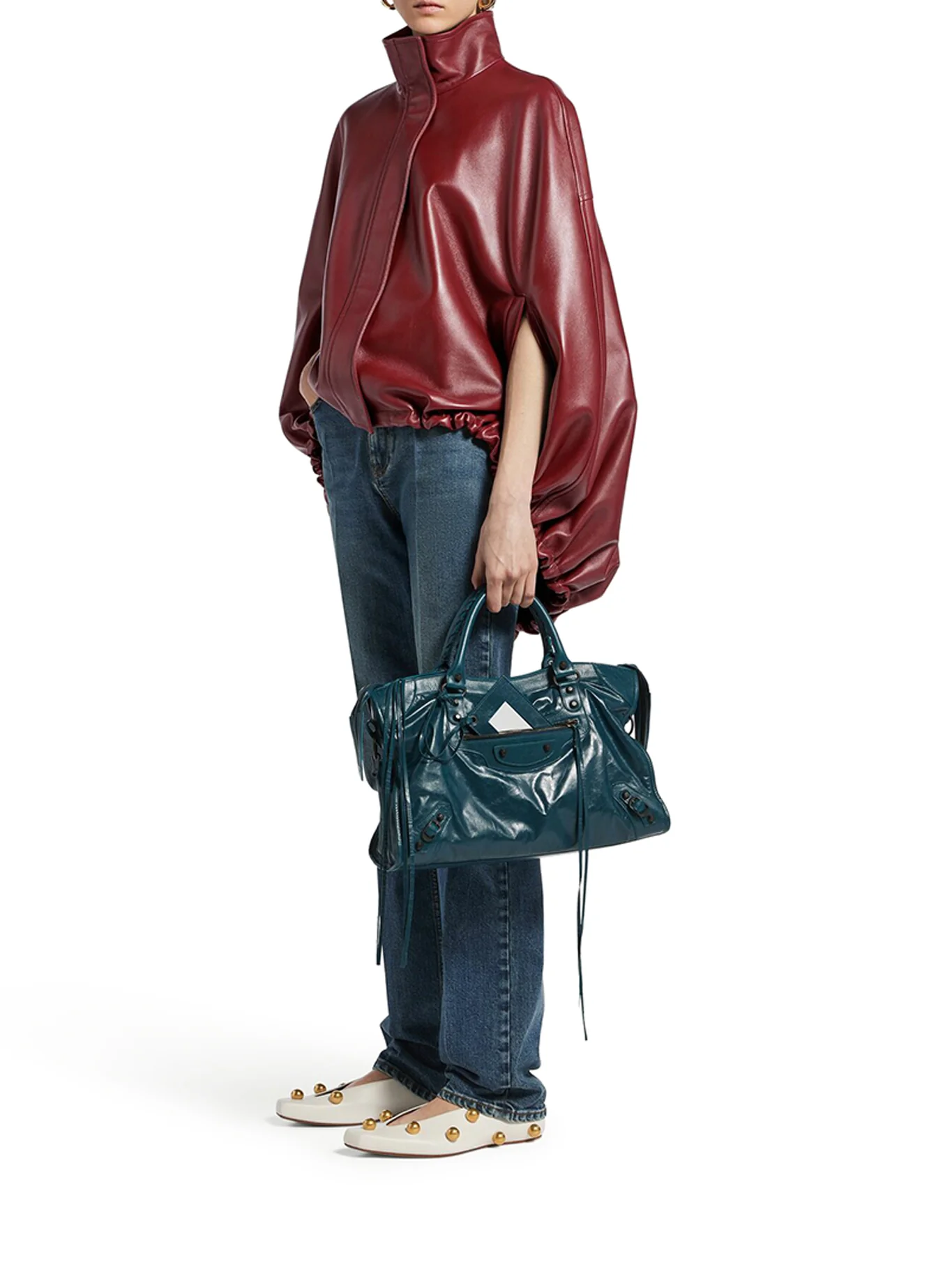 SHORT BURGUNDY LEATHER CAPE - Image 2