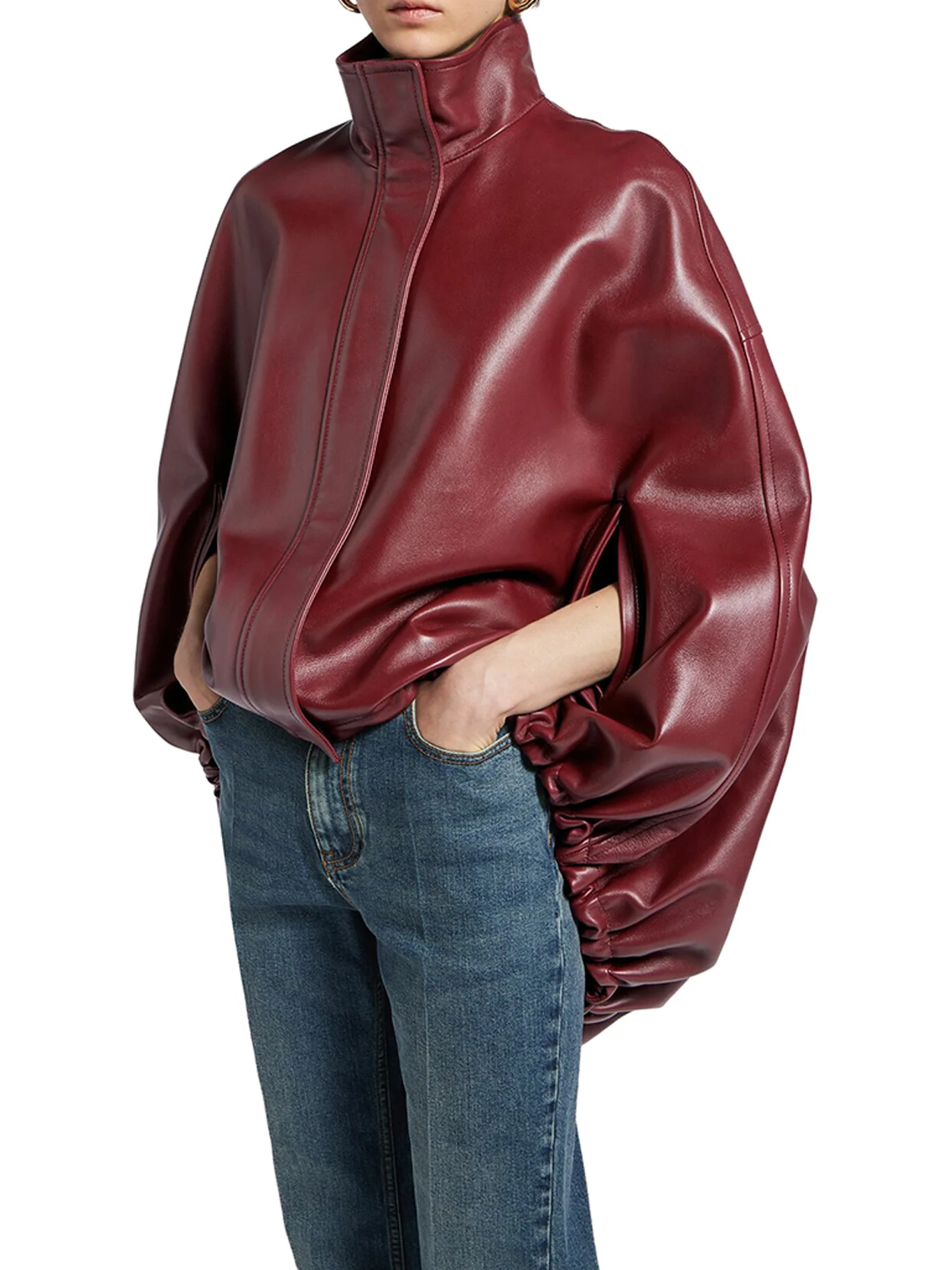 SHORT BURGUNDY LEATHER CAPE - Image 5
