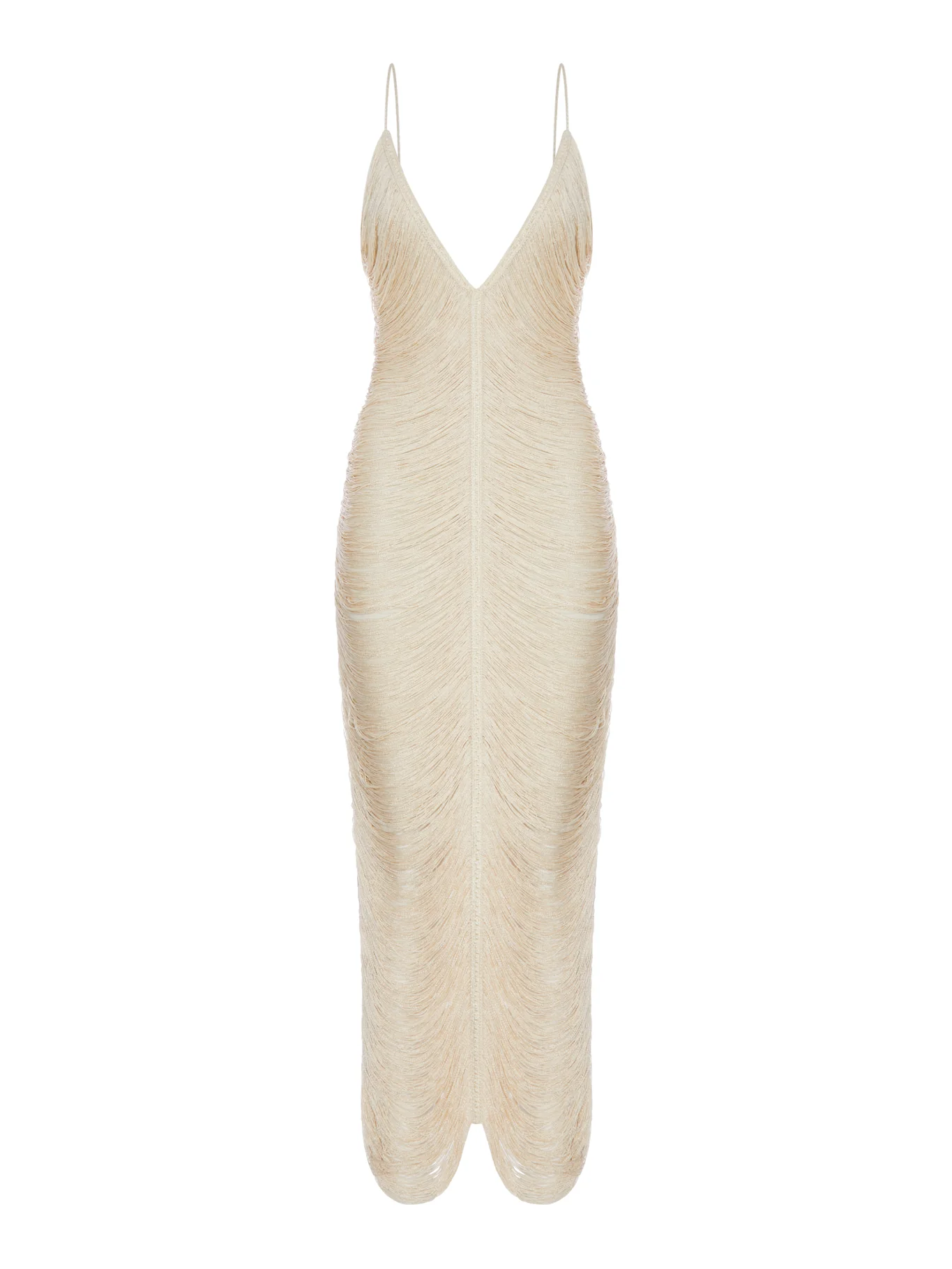 LONG SOLÉ DRESS WITH FRINGES AND V-NECK