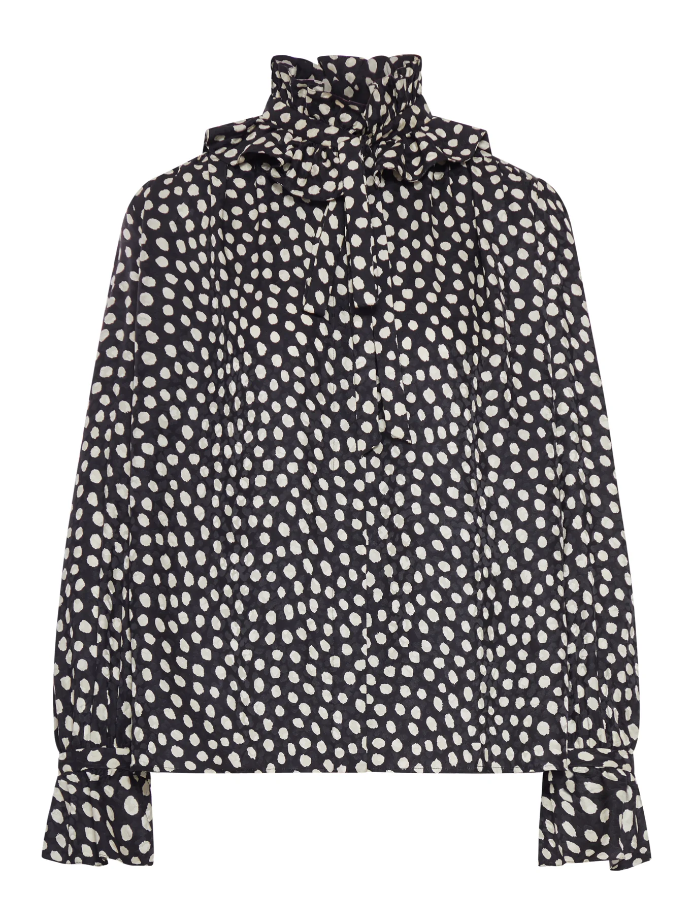 BLOUSE WITH RUFFLES AND RIBBONS ON THE FRONT IN SILK JACQUARD