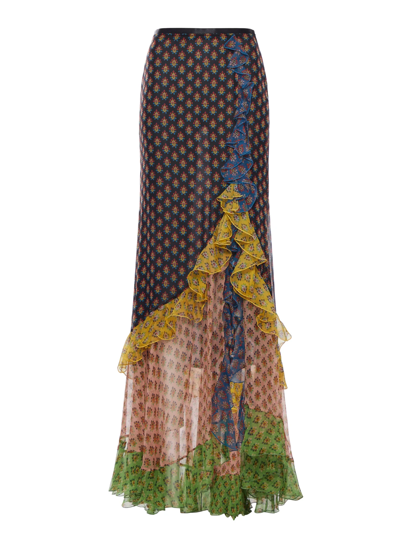 LONG PATCHWORK SILK SKIRT WITH RUFFLES