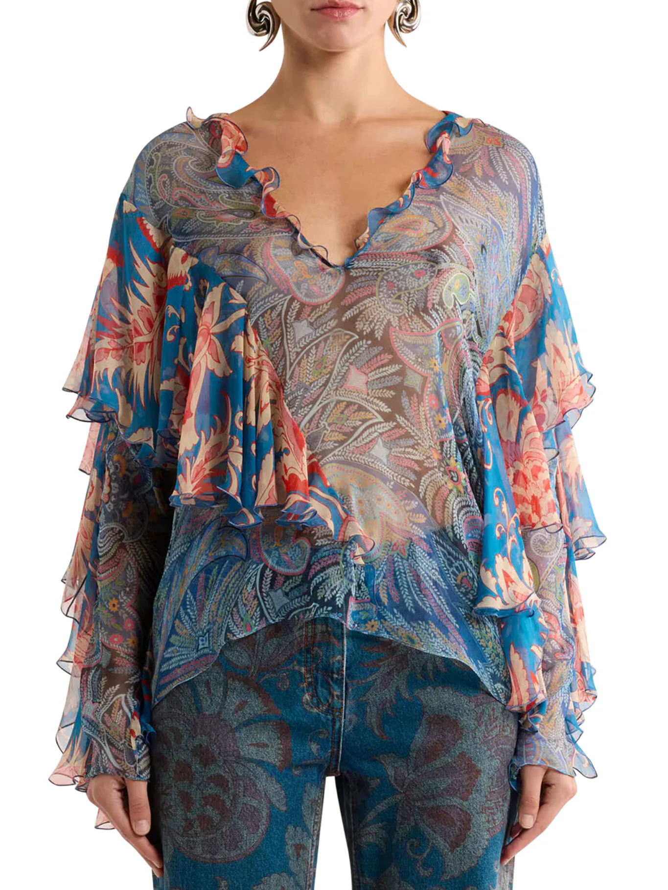 LONG-SLEEVED SILK BLOUSE WITH RUFFLES - Image 3