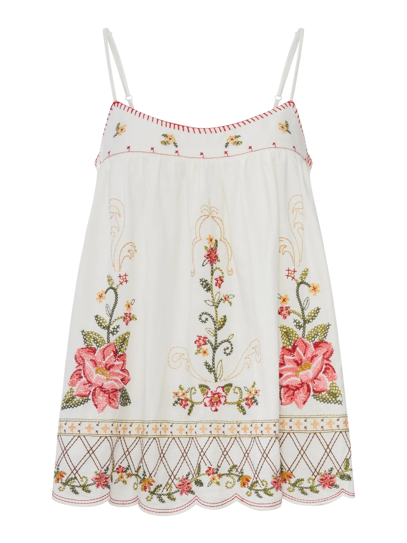 LINEN BLEND TOP WITH FLORAL EMBROIDERY