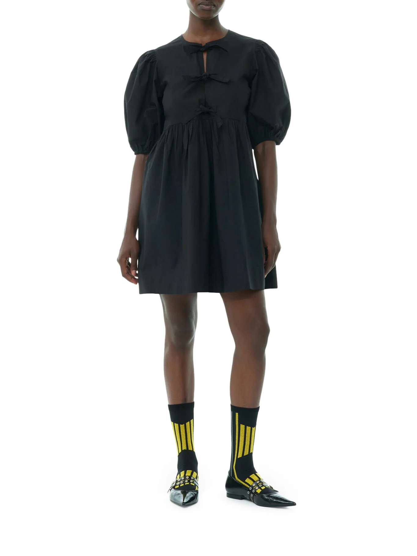 BLACK COTTON POPLIN TIE STRING MINI DRESS - Image 2
