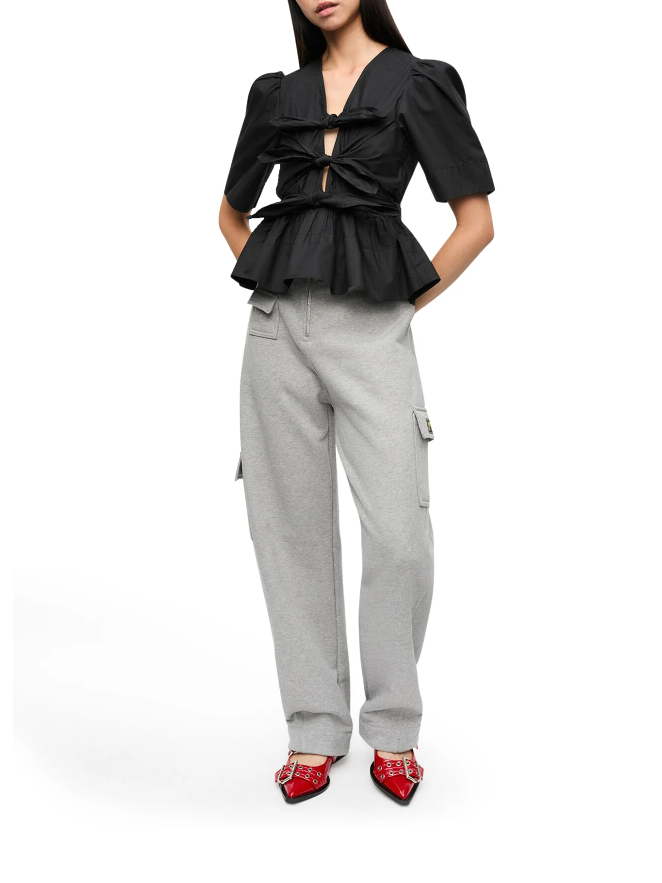 BLACK STRETCH COTTON TIE STRAP BLOUSE - Image 2