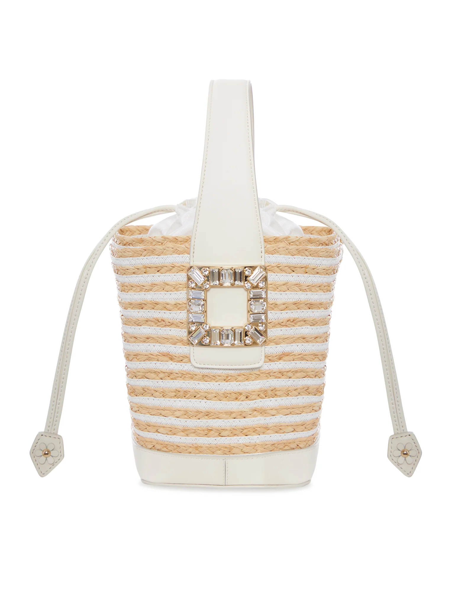 STRIPED RAFFIA BUCKET BAG WITH JEWEL BUCKLE