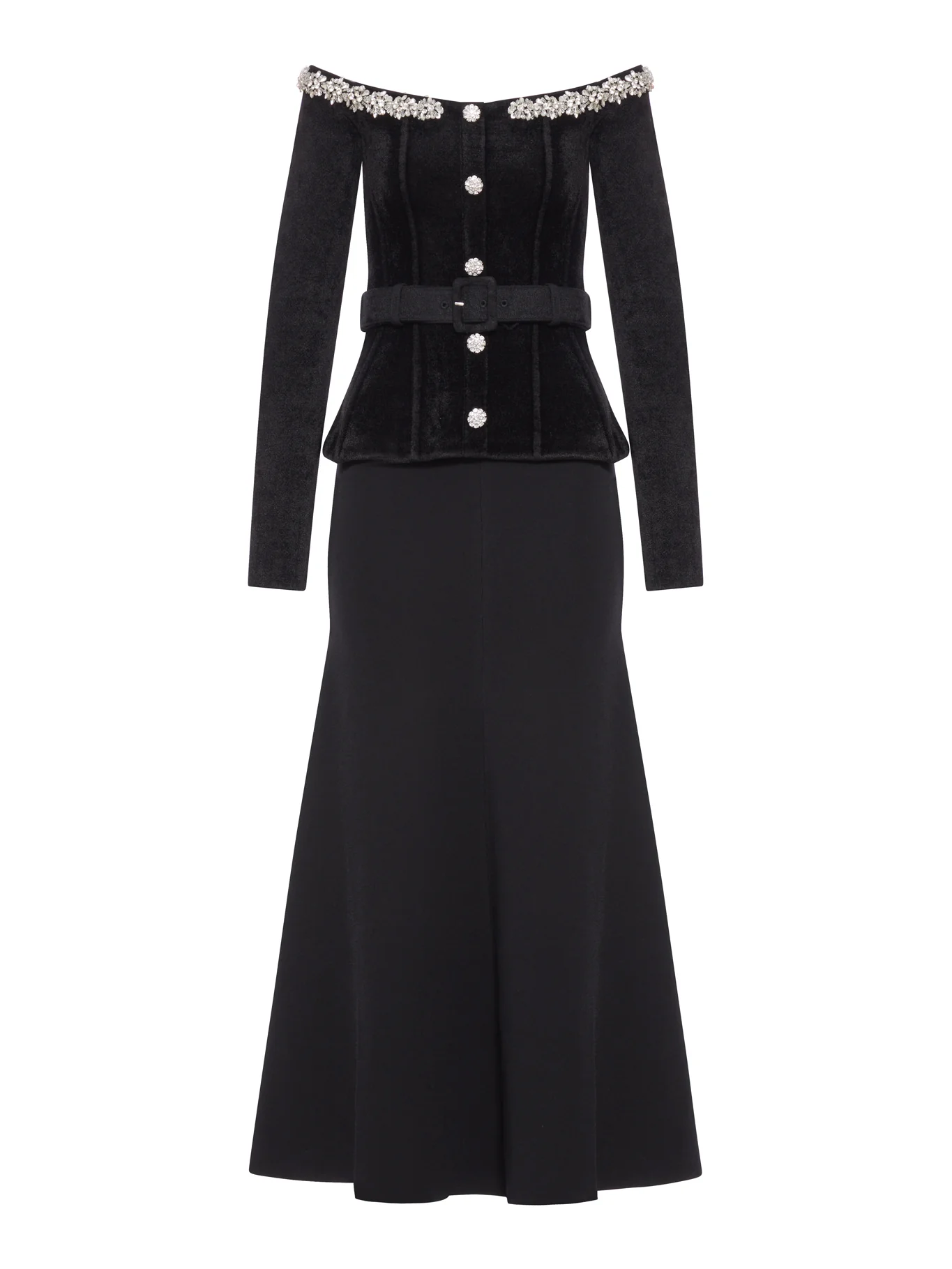 BLACK CHENILLE KNIT CRYSTAL TRIM MIDI DRESS