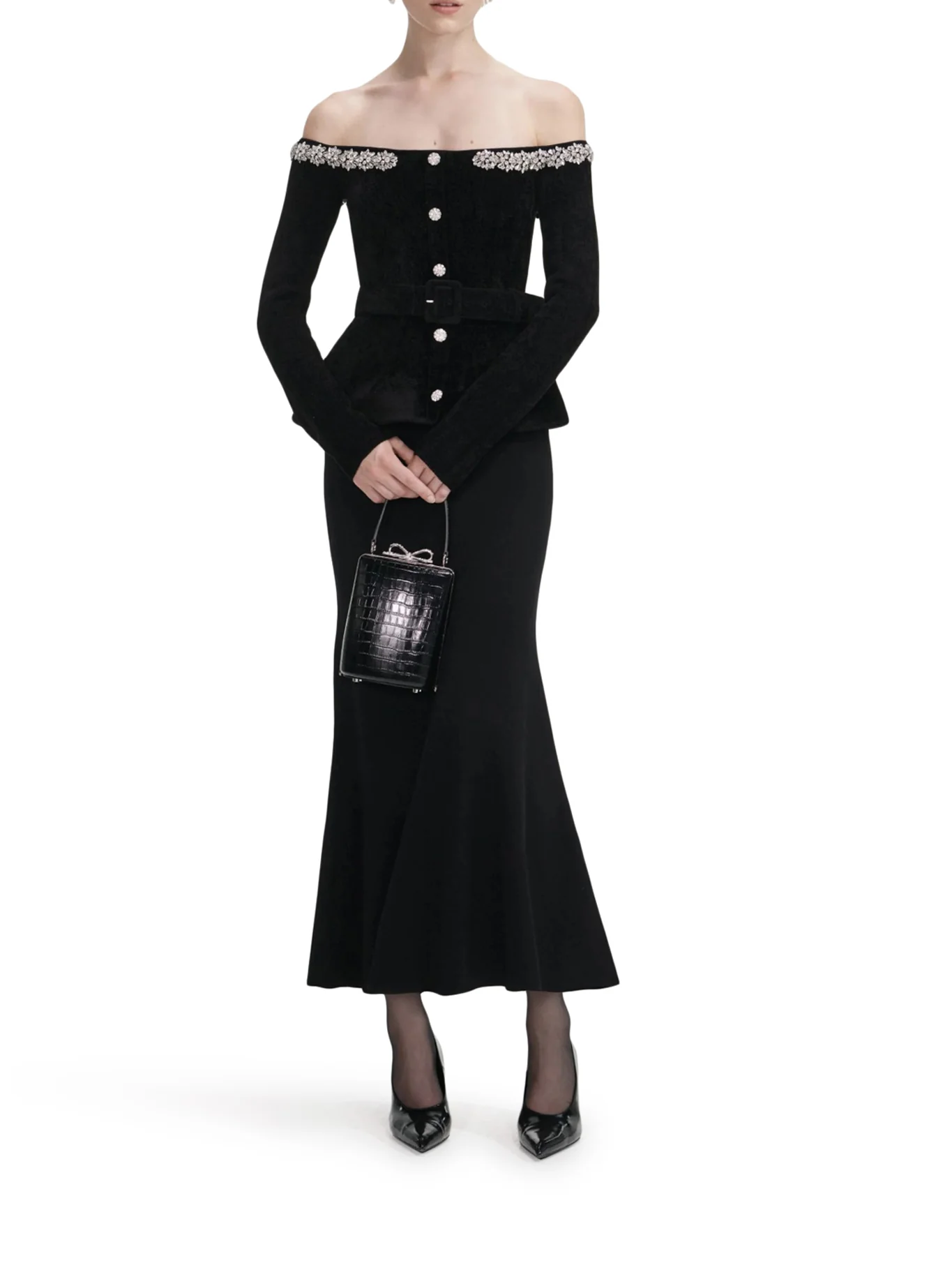 BLACK CHENILLE KNIT CRYSTAL TRIM MIDI DRESS - Image 2