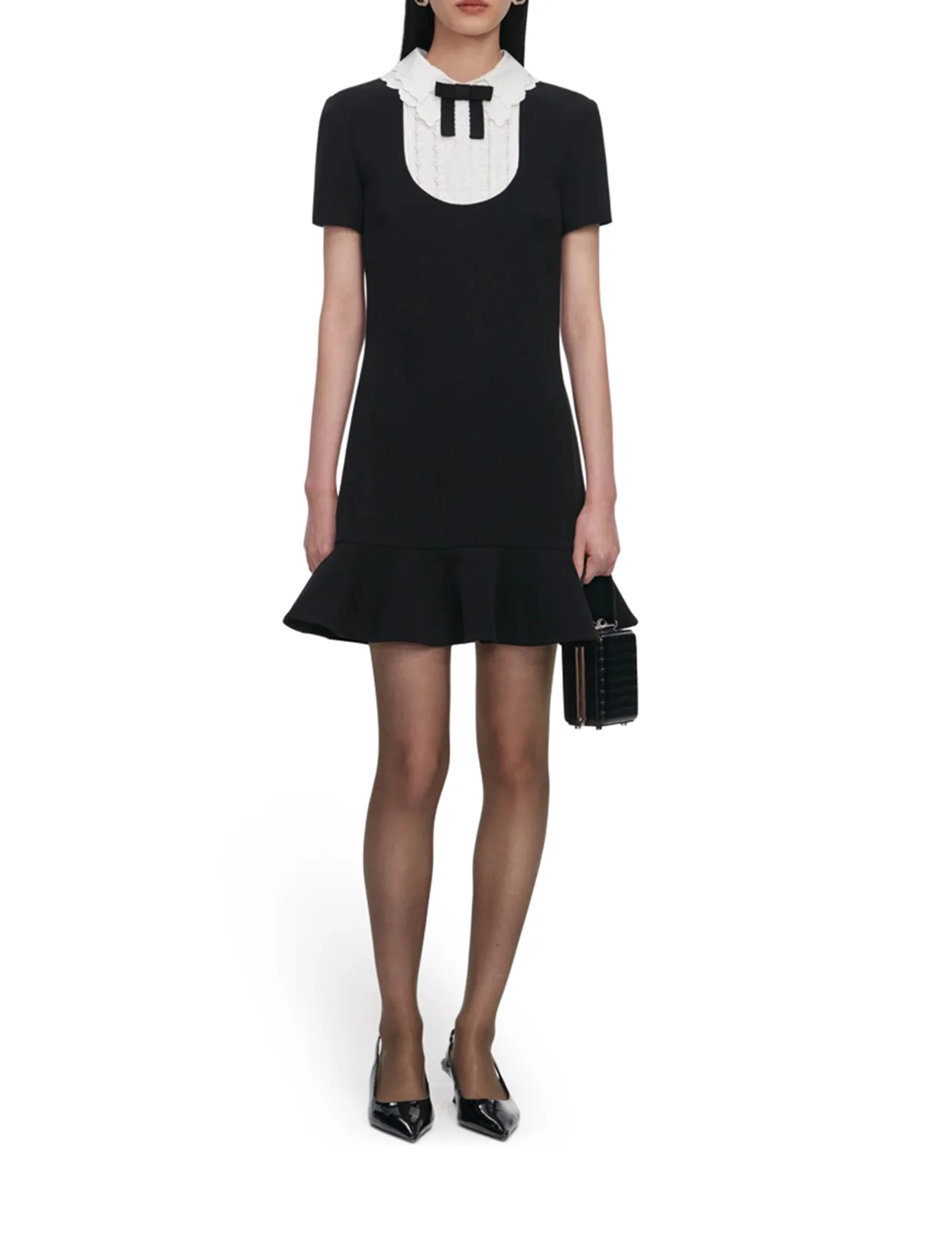 BLACK CREPE LACE BIB MINI DRESS - Image 2