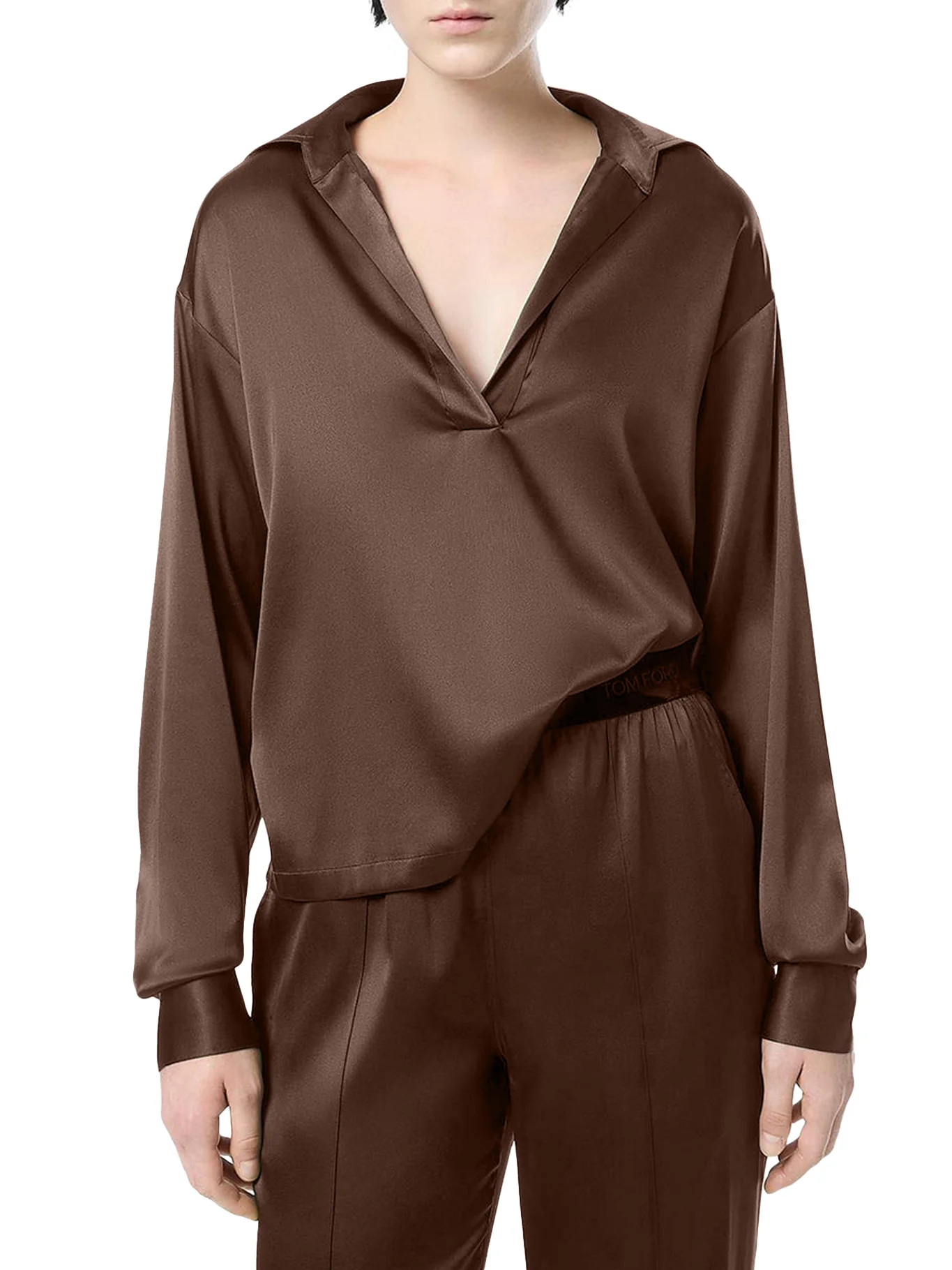 SILK SATIN BLOUSE WITH TF LOGO EMBROIDERED IN TONE-ON-TONE BROWN - Image 3