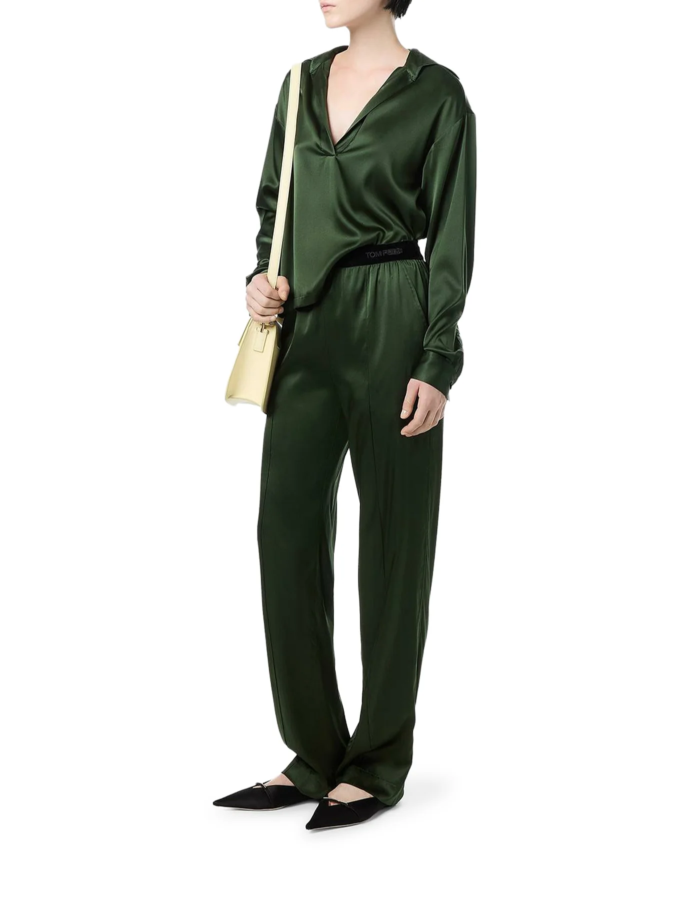 SILK SATIN BLOUSE WITH TF LOGO EMBROIDERED IN TONE-ON-TONE GREEN - Image 2